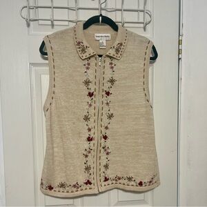 Beige‎ Floral Embroidered Full Zip Vest